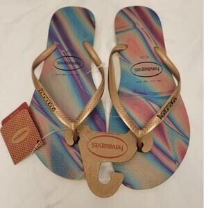 NWT Women's Havianas Flip Flop Sand Gray Slim Iridescent Gold 11
